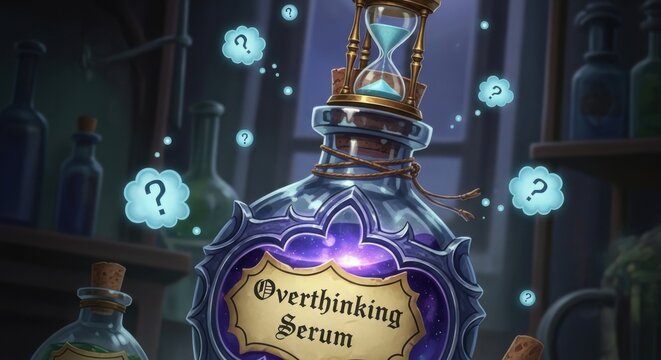 Overthinking Serum Bottle with Glowing Liquid and Hourglass in Dark Moody Setting