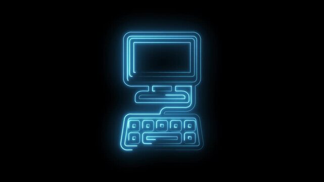 Glowing blue neon outline of vintage computer monitor and keyboard on black background icon