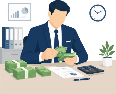 Businessman Counting Cash Money at Office Desk Flat Vector Illustration