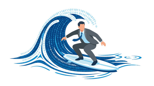 Determined businessman surfing on a large big data binary code wave flat vector illustration.