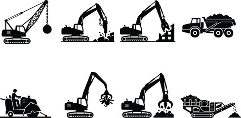 Heavy Construction Machinery and Demolition Equipment Silhouette Icon Set for Industrial Use © Best Choice