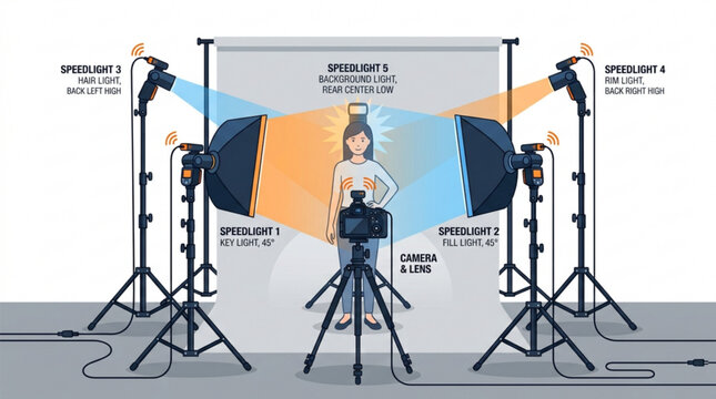 Photography studio lighting setup diagram showing softbox speedlights and camera for portraiture illustration for learning