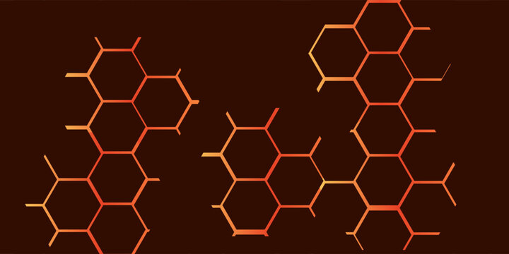 Dark red hexagon abstract technology background with orange and red colored bright flashes under hexagon. Hexagonal gaming vector abstract tech background. Vector illustration with honeycomb pattern