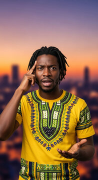Man with dreadlocks in a yellow dashiki shirt, looking confused with hand on head against a blurred cityscape at dusk, suggesting a moment of thought or problem-solving