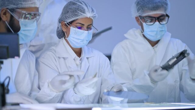 Three specialists in white coveralls, masks and latex gloves examining round wafer discs, semiconductor manufacturing and quality inspection.