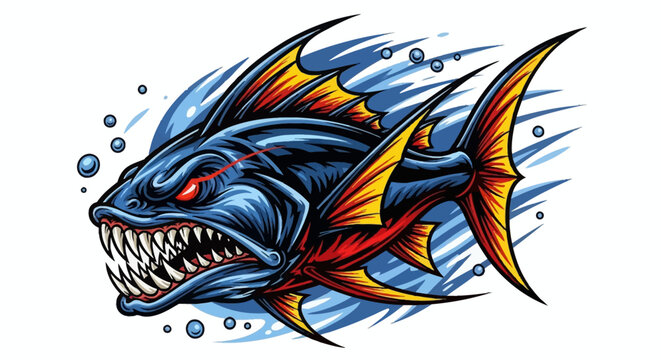 Aggressive monstrous deep-sea fish with sharp teeth and spiky fins in dark blue, red, and yellow, on an isolated white background.