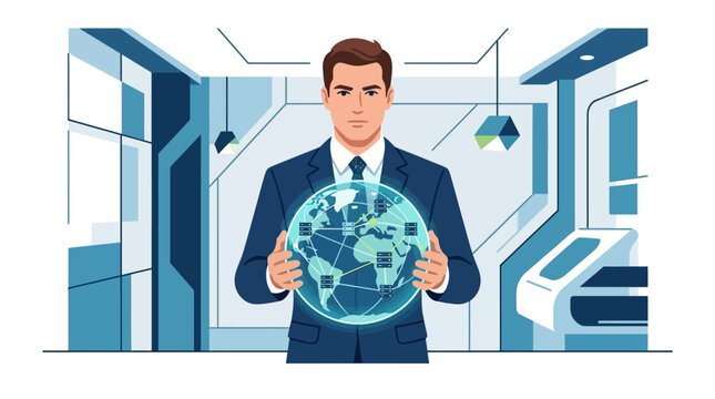 Confident software architect holding glowing digital globe representing global network infrastructure flat vector illustration.