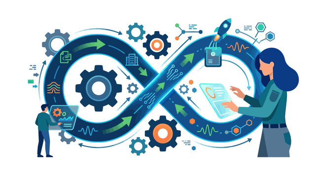 DevOps engineers managing automated software deployment lifecycle and CI/CD pipeline infinity loop flat vector illustration.