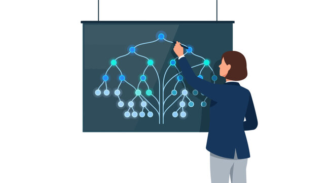 Female software architect mapping complex system network and data structure on board flat design illustration