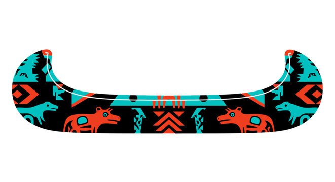 Decorative canoe boat with tribal indigenous style pattern art.