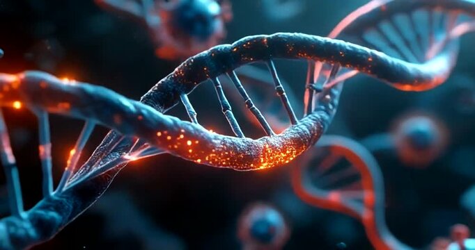 Abstract 3D rendering of glowing DNA double helix structure with microscopic virus particles background.