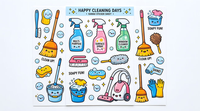 Happy Cleaning Days sticker sheet: A vibrant and whimsical collection of cute cartoon cleaning supplies, including brooms, mops, sprays, and a vacuum cleaner, all with smiling faces.