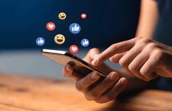 Social Media Engagement on Smartphone &ndash; Likes, Hearts, Emoji Reactions, Mobile App Interaction, Digital Communication Concept
