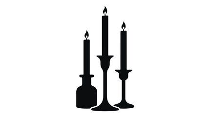 Fototapeta premium Trio of Burning Candles on Holders Silhouette Vector, Elegant Candlestick Table Centerpiece Icon