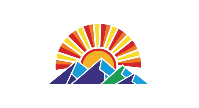 Abstract colorful mountain landscape illustration with a vibrant rising sun.