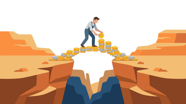 Businessman building a bridge with stacks of coins across a deep canyon for financial stability flat vector illustration