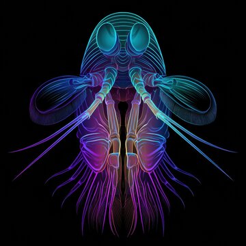 A brightly lit peacock mantis shrimp face is shown, featuring large eyes and colorful neon outlines against a dark background.