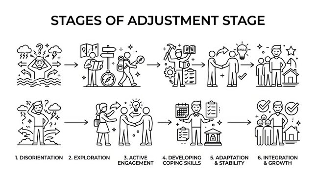 Illustration of Human Psychological Adjustment Stages Through Life Development.