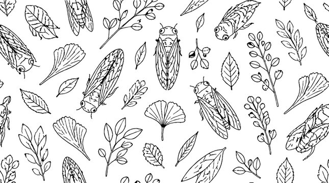 Detailed black and white line art of cicada and leaves.