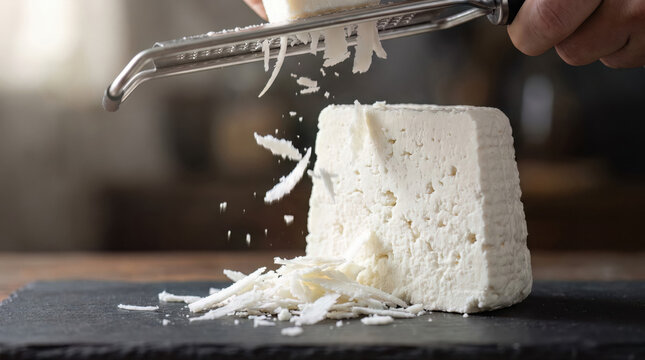Culinary food preparation concept - grating firm ricotta salata cheese with falling flakes over dark slate, close-up macro texture background for food blogs and restaurant menus