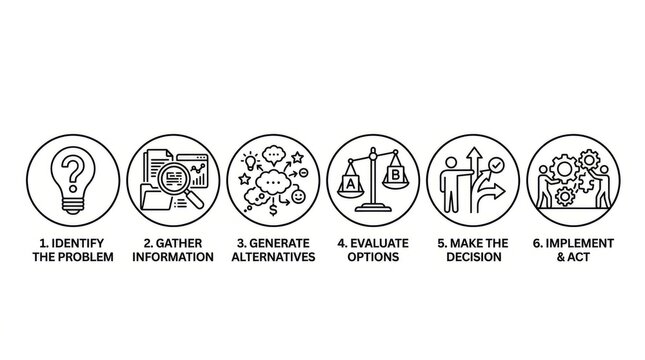 Six step problem solving process illustrated with circular icons and lightbulb concept.