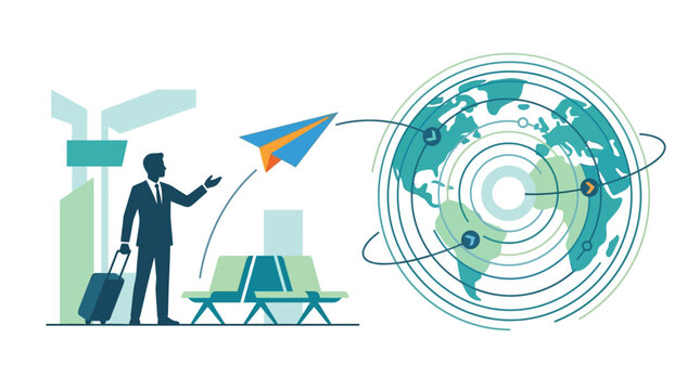 Businessman sending paper plane towards globe in airport terminal for global finance connectivity flat vector illustration.
