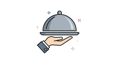 Fototapeta premium Conceptual illustration of a hand in a suit sleeve holding a silver domed serving platter on a white background with small stars.