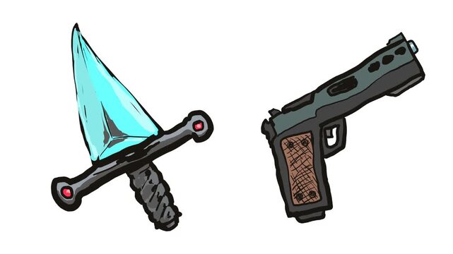 Various types of toy weapons move in place. This includes a cartoon knife and a pistol.