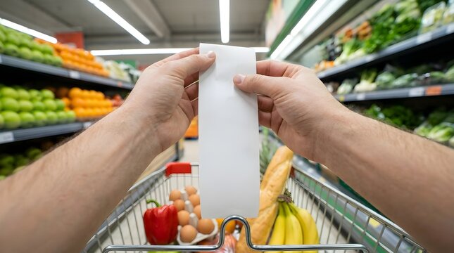 Person holding a long blank white paper receipt inside a grocery store while pushing a cart filled with fresh food