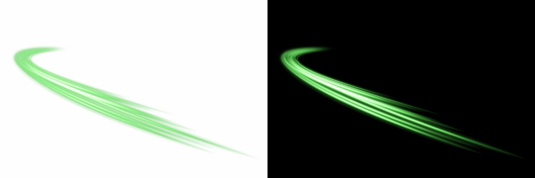 PNG image of Green abstract light streak vector fast traffic. Dynamic neon glowing wave trail, high speed motion effect for futuristic banner design. 