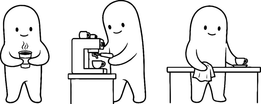 Ghost characters enjoying coffee and cleaning.