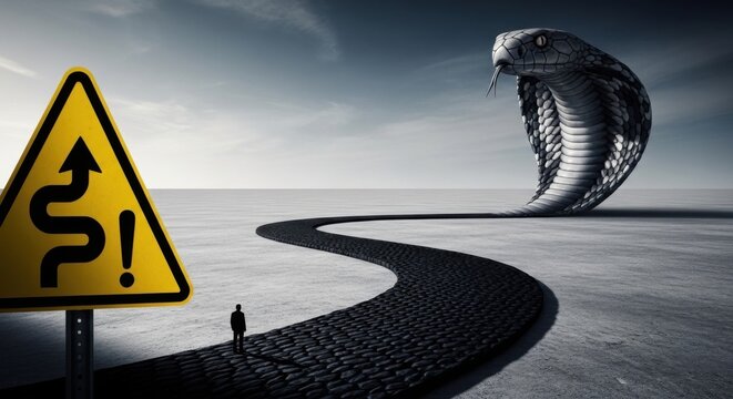 Conceptual illustration of danger and challenges with a businessman facing a giant cobra snake at the end of a winding path.