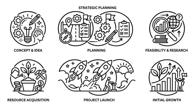 Collection of six strategic planning and business development concept icons in flat design.