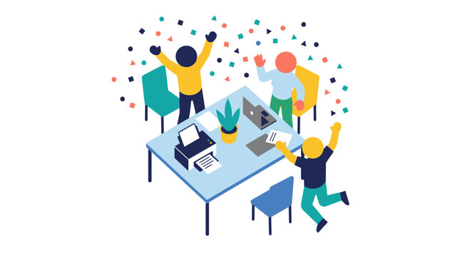Team celebrating success with confetti in modern office isometric illustration