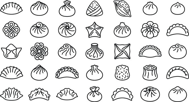 Collection of Dumpling and Bun Line Icons Representing Asian Food and Culinary Design