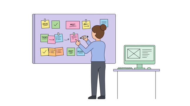 Woman planning project tasks on sticky notes board with computer nearby