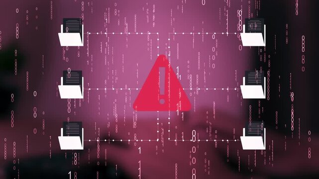 abstract cyber attack warning background with glowing red exclamation triangle icon and folders network.