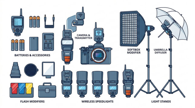Collection of professional photography lighting equipment including speedlights softbox umbrella diffuser and camera accessories isolated on 