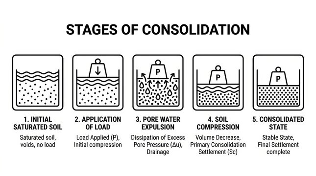 Illustrated Stages of Soil Compaction and Consolidation Process Explained.
