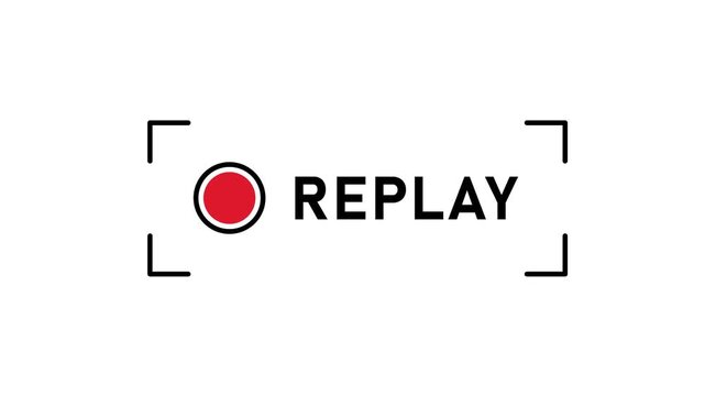 Replay button animation isolated on white background with pink play symbol and text r e p l a y