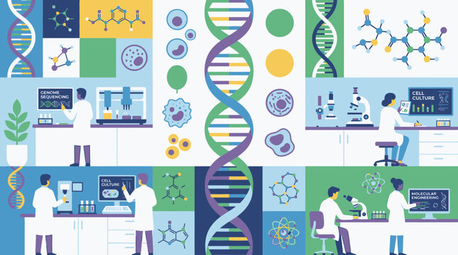 Scientists conduct experiments in a laboratory with various DNA structures and molecular models.