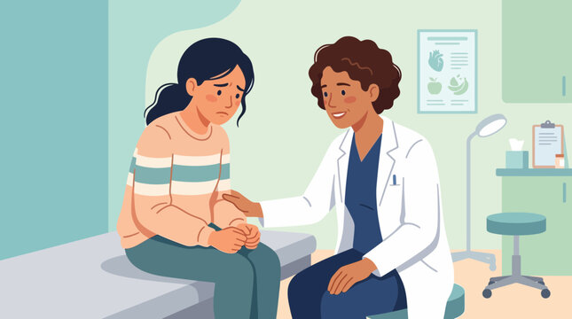 Doctor comforting sad child in clinic examination room, healthcare support concept