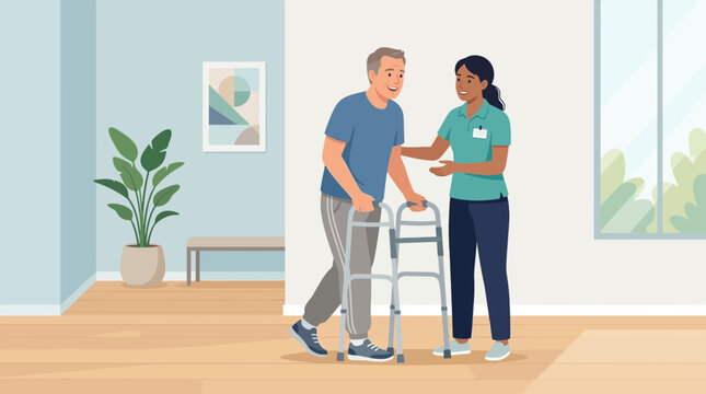 Elderly man with walker assisted by caregiver in home setting