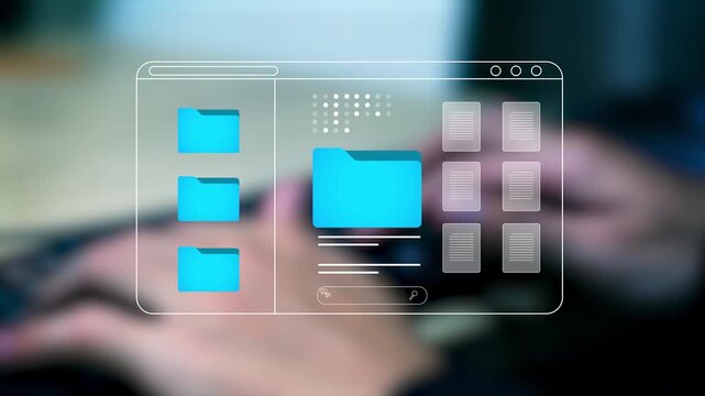 Business professional managing digital files through a virtual document management interface on a laptop, secure data organization, cloud storage, and modern workflow.