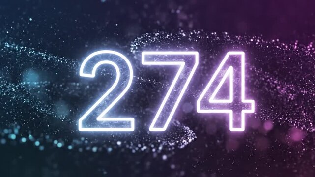 Glowing number two hundred seventy four with purple particles.