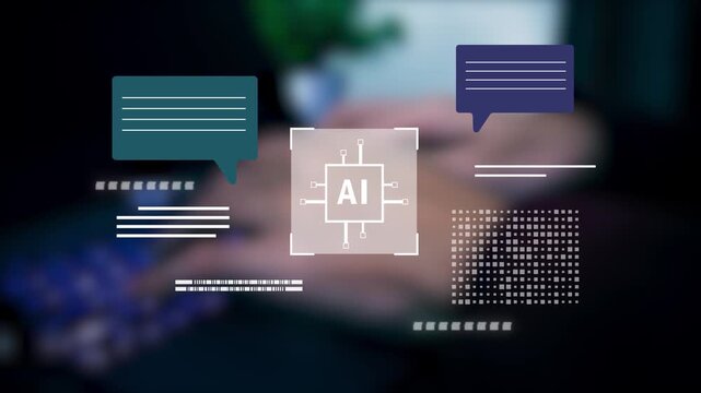Business professional using AI-powered search interface with virtual chatbot and voice assistant on computer. Concept of artificial intelligence, machine learning, automation, smart technology.