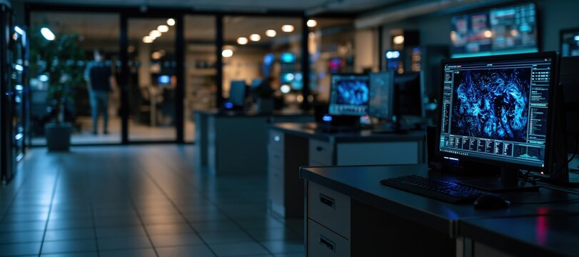 Cybersecurity lab with isolated analysis stations and abstract blue data projections