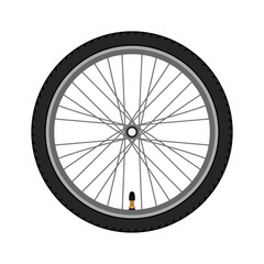 Fototapeta premium Bicycle wheel with black rubber tire and silver metal spokes isolated on white background.