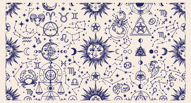 mystic astrology zodiac pattern, celestial star sign background, hand drawn horoscope print, magical zodiac constellation wallpaper, spiritual zodiac symbol texture, fortune teller astrology design, c