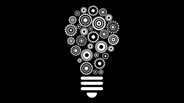 Rotating White Gears Forming Light Bulb Idea Concept Animation on Black Background